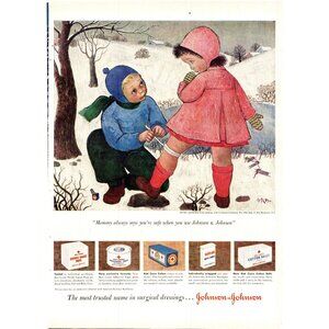 1951 Johnson & Johnson Bandages Vintage Print Ad Winter Boy Girl Skates Wall Art